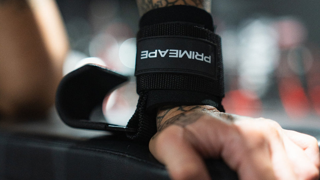 Close-up of a hand wearing Prime Ape's lifting straps