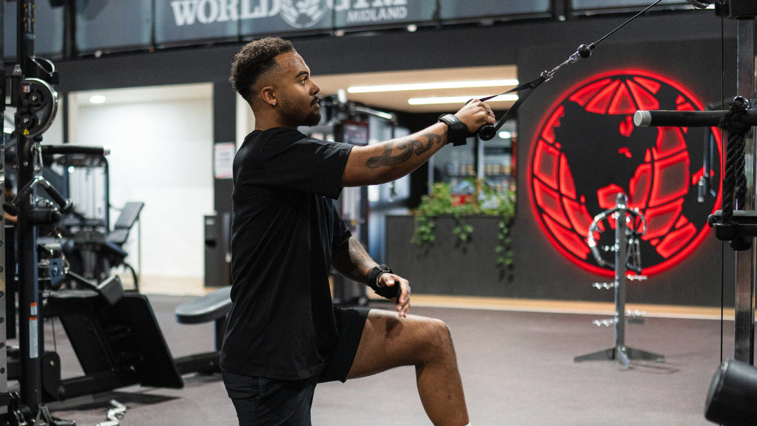 Man performing a cable pull exercise in a modern gym, featuring a bold red panther logo on the wall, surrounded by fitness equipment and bright indoor lighting.