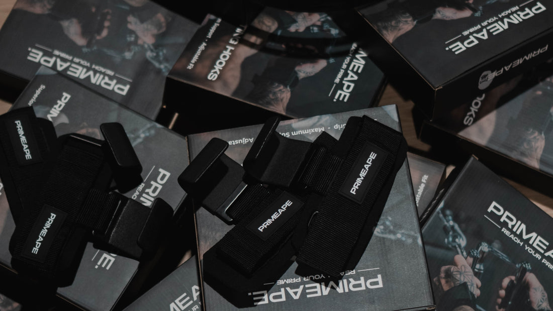 Lifting hooks displayed among Prime Ape branded packaging.